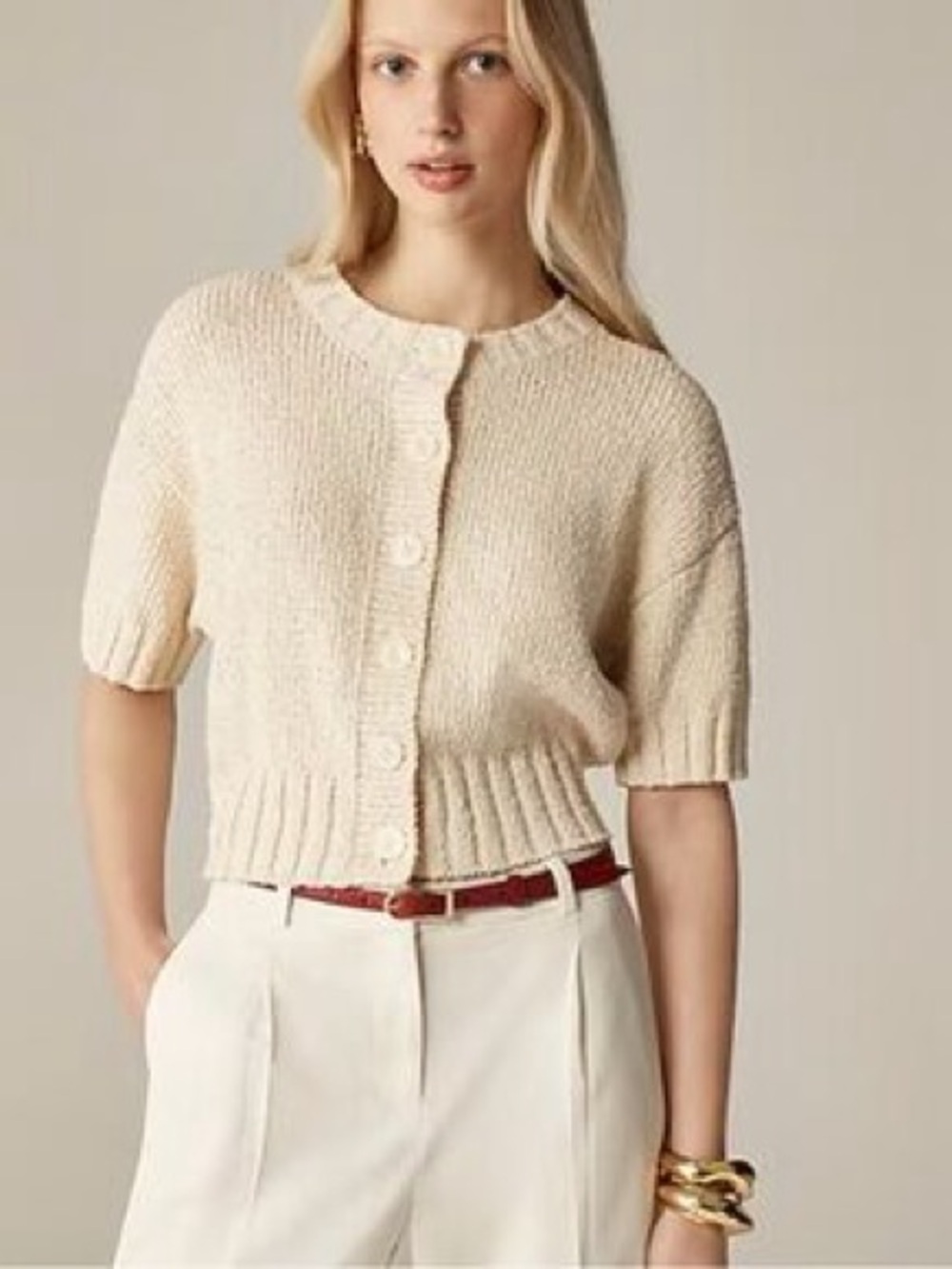 J. Crew Cream Short-Sleeve Button Knit Cardigan